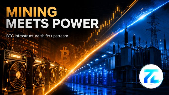 A promotional banner titled 'MINING MEETS POWER' with subtitle 'BTC infrastructure shifts upstream,' showing crypto mining rigs alongside power infrastructure with a glowing Bitcoin symbol and an orange/blue color scheme.