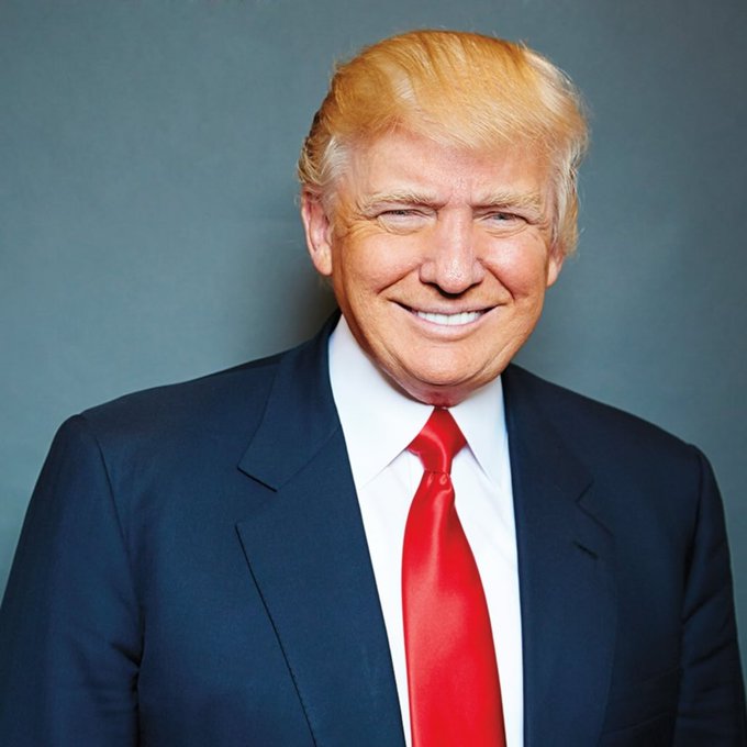 The user wants a concise 1-2 sentence caption for the image.
I need to identify the key elements: It's a portrait of Donald Trump.
The prompt also provides context: "we just need @realDonaldTrump to launch a memecoin on @solana and we are so back".
The image relates to this by featuring Donald Trump, the person mentioned in the text.

**Plan:**
1.  Describe the visual content: A portrait of Donald Trump in a suit and red tie.
2.  Connect it to the text context: He is the subject of the meme/text about launching a memecoin.
3.  Draft the caption.

**Drafting:**
-   "A portrait of Donald Trump smiling in a suit and red tie."
-   "This image features Donald Trump, who is referenced in the text as the person needed to launch a memecoin on Solana."

**Refining for conciseness:**
"A portrait of Donald Trump in a suit