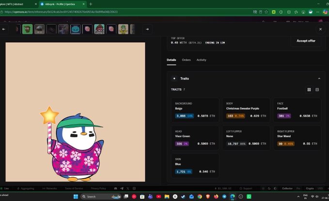 A screenshot of an OpenSea listing page showing a Lil Pudgy NFT with a "Christmas Sweater Purple" body trait, a "Viser Green" visor, and a "Star Wand" accessory, priced at 0.48 WETH with the offer ending in 11 minutes. The image supports the post by visually showcasing the specific Pudgy Penguin NFT the user just purchased for their collection.