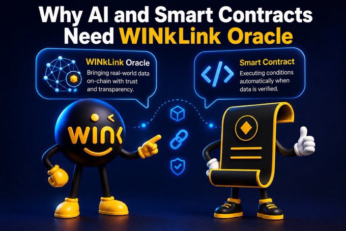 A promotional graphic titled 'Why AI and Smart Contracts Need WINkLink Oracle' featuring a smiling black sphere mascot labeled 'WINK' and a document character, with text boxes explaining 'WINKLink Oracle: Bringing real-world data on-chain with trust and transparency' and 'Smart Contract: Executing conditions automatically when data is verified.'