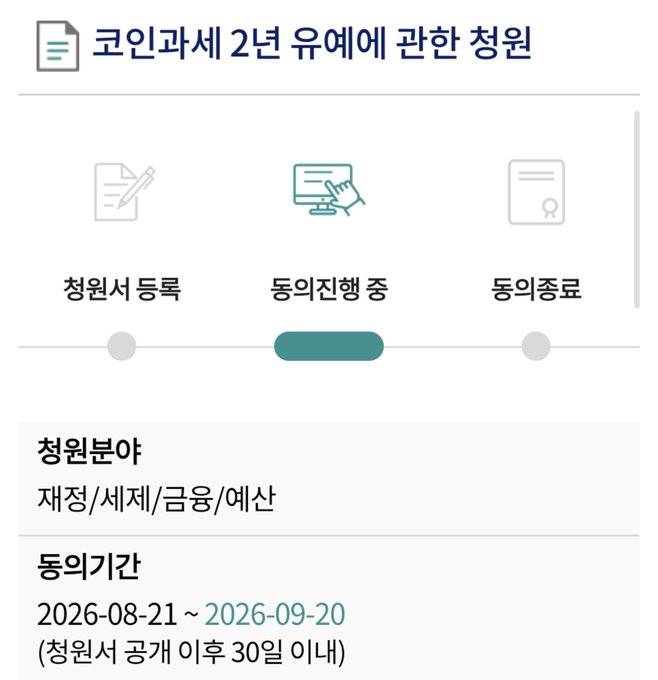 A Korean government petition website page titled "코인과세 2년 유예에 관한 청원" (Petition regarding the 2-year deferral of cryptocurrency taxation) showing the petition is in the "동의진행 중" (Consent in progress) stage, with participation period from 2026-08-21 to 2026-09-20, requesting signatures within 30 days of public notice.