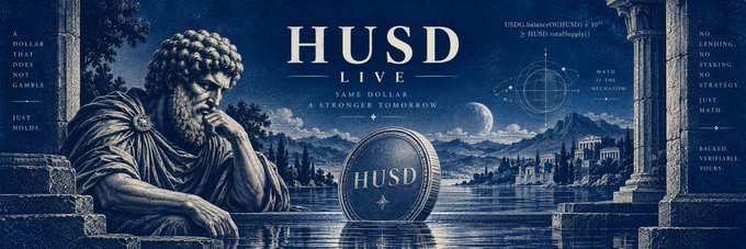 A promotional banner for "HUSD Live — Same Dollar, A Stronger Tomorrow" featuring classical Greco-Roman imagery of a bearded statue, a moonlit landscape, and a HUSD-branded coin, with ticker references "USDC" and "HUSD" and listed taglines like "DOLLAR THAT DOESN'T GAMBLE" and "JUST YIELDS." The image relates to the "$HARMONIC" post by visually branding a stablecoin narrative that frames HUSD as a disciplined, yield-bearing alternative to volatile crypto assets, aligning with the post's likely emphasis on harmony, stability, and dependable returns.
