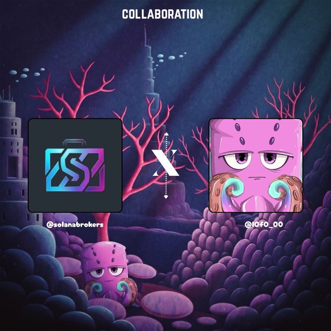 A collaboration announcement between Solana Brokers (@solanabrokers) and an NFT project (@l0f0_00), featuring an underwater scene with a pink octopus character, coral reefs, and their respective logos displayed prominently under the text "COLLABORATION." The image visually promotes the partnership mentioned in the post, highlighting exclusive benefits for NFT holders and African DAO members.
