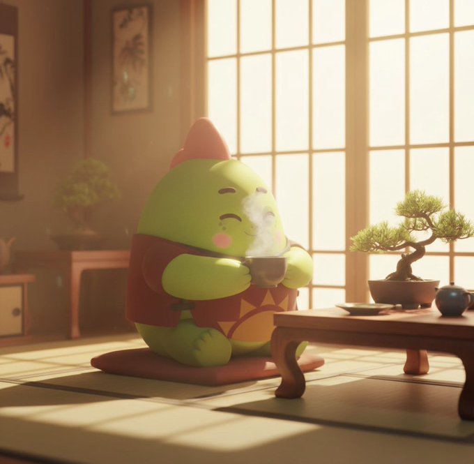 A 3D rendered, stylized green dinosaur-like character wearing a red garment, peacefully drinking from a steaming cup in a sunlit Japanese-style room with a bonsai tree.
