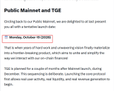 A blurred article snippet titled 'Public Mainnet and TGE' dated Monday, October 19, 2026, stating that it marks 'the completion of RLNC research' and the move 'from research to reality' on a network described as essential to Ethereum's future.