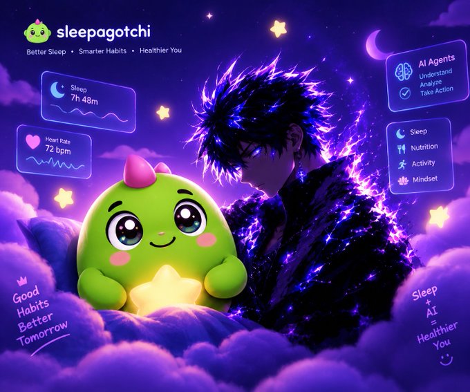 A promotional graphic for 'sleepagotchi' featuring the green cartoon character holding a star, an anime-style character, and interface panels displaying sleep data and AI agent functions like 'Sleep', 'Nutrition', 'Activity', and 'Mindset'.