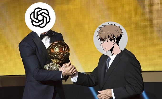 The image shows two figures in suits shaking hands while holding a golden Ballon d'Or trophy, with one face replaced by the OpenAI logo and the other by an anime character. The caption alludes to AI's winning partnership with a new crypto launch, humorously framing "sol terra luna" as today's champions alongside OpenAI.
