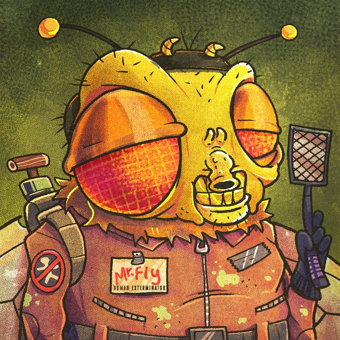 The image features a cartoon character dressed as a bee with a backpack and a fly swatter, standing against a green background. The character has a name tag that reads "McFly" and appears to be wearing an orange jumpsuit. The caption of the image includes the words "1 GTD Giveaway I", which could possibly be related to a contest or giveaway for a limited edition item featuring the character from the cartoon.