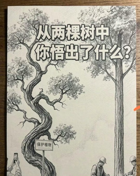 A pencil sketch featuring a gnarled, twisting tree and a straight tree side-by-side, with Chinese text asking "从两棵树中你悟出了什么？" (What have you realized from these two trees?) and small figures including one holding a "保护植物" (Protect plants) sign.