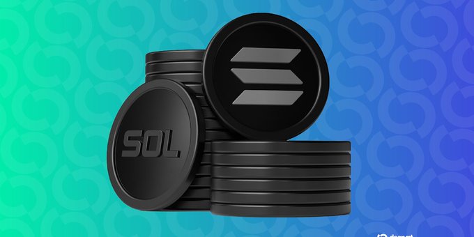 A 3D rendering of black Solana (SOL) cryptocurrency coins stacked against a teal and blue gradient background.