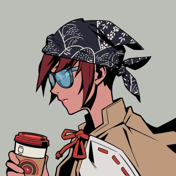 A stylized anime-style illustration of a character with red hair, blue sunglasses, and a bandana, holding a coffee cup.