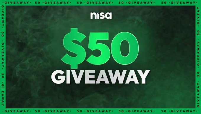 A promotional graphic from NISA announces a "$50 GIVEAWAY" featuring a bold green dollar sign and the giveaway amount displayed against a smoky green background, with "GIVEAWAY · 50" repeated in a border pattern, matching the post's announcement of a $50 USDT prize draw.