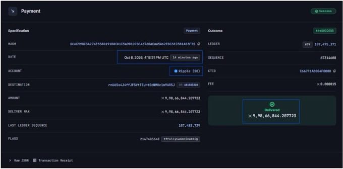 A cryptocurrency transaction receipt on a dark-themed interface showing a successful payment of approximately 9.98 XRP delivered from Ledger to an Ellipal (54) account on Oct 6, 2026.