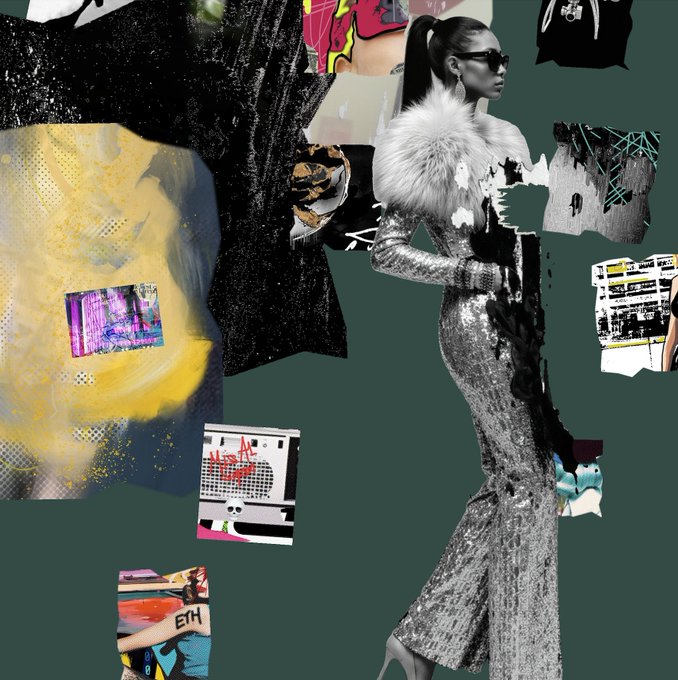 A collage featuring a model in a silver sequined dress with a white fur collar, alongside various fashion-related cutouts and graphics on a green background.
