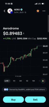Mobile screenshot of the Aerodrome (AERO) token page on a crypto tracking app, showing a price of $0.89483, a 1.71% increase, $890.35M market cap, and a price chart with green and red candles.