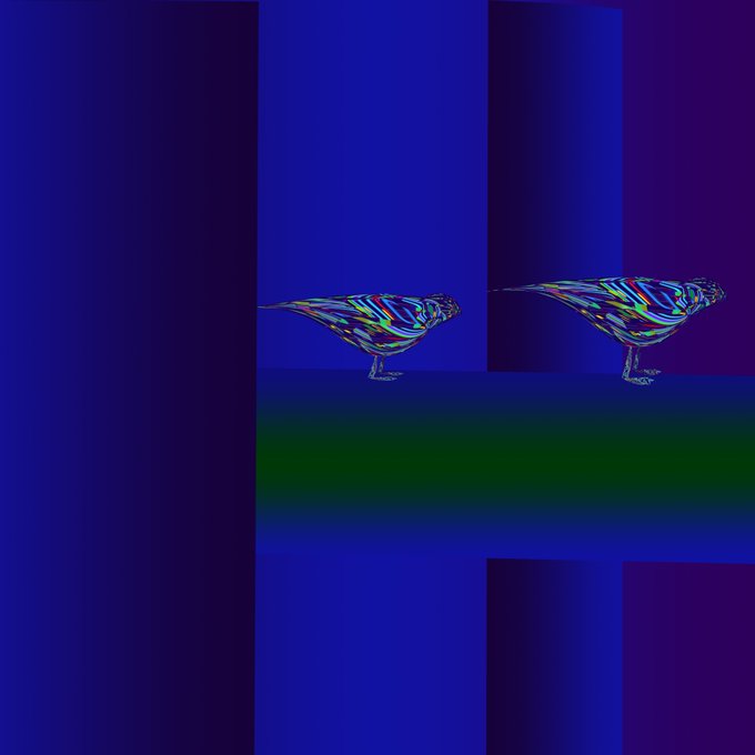 A surreal digital artwork featuring two iridescent, multicolored bird-like figures set against a geometric background of deep blue and purple rectangles.