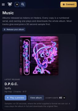 A web page for Hedera Music featuring a neon-style album cover titled "D.P.G.C." by Spiffy in the hip-hop genre, with a 'Play a preview' button.