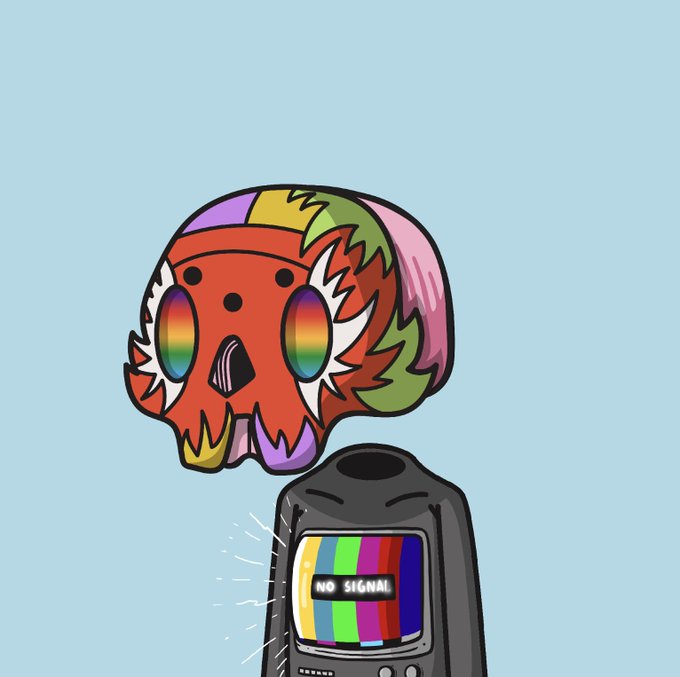 A digital illustration featuring a colorful, rainbow-patterned skull with dripping aesthetics floating above an old CRT television displaying a "NO SIGNAL" screen with color bars.