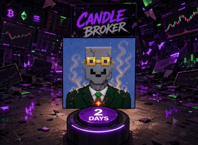 A promotional graphic for a project called "CANDLE BROKER," featuring a pixel art character in a green suit with yellow glasses and cracked features, set against a backdrop of broken monitors showing financial charts, with a timer reading "2 DAYS".