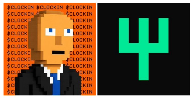 A pixelated Bored Ape character is featured against an orange "$CLOCKIN" repeating background, displayed alongside a green psi (Ψ) symbol on a black background, promoting two crypto token launches mentioned in the post.