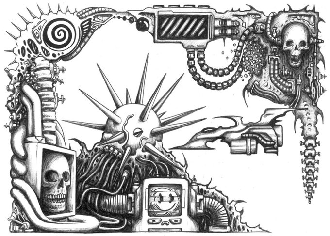 The image features a black and white illustration of a skull with spikes, surrounded by various mechanical parts such as gears, pipes, and wires. The artwork appears to be a creative representation of a machine or robot-like structure, possibly inspired by the concept of a tattoo design. The artist has used a monochromatic color scheme for this piece, which adds to its unique and intriguing appearance.