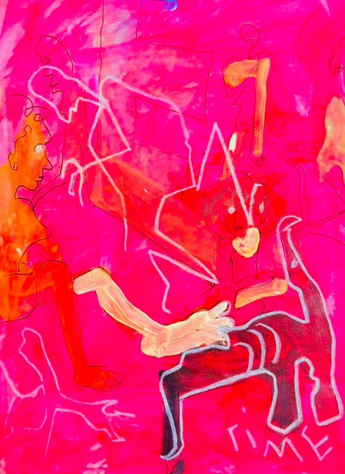 An abstract, neon-pink and red painting with sketchy figures and the word 'TIME' written in the bottom right corner.