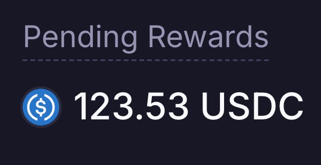 The image displays "Pending Rewards" of **123.53 USDC**, representing the earnings the user accumulated from providing liquidity (LPing) during Cycle 1 of staking $MET, highlighting the stablecoin rewards generated before reaching their $1B market cap target.