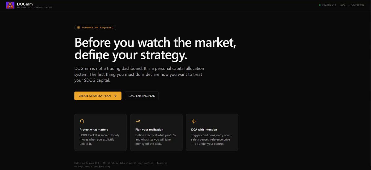 The image shows a webpage for a personal strategy cockpit called "DOGmm". It appears to be a tool or software designed to help users define their investment strategies, track them using charts, and make trading decisions based on predetermined rules. The website is designed with a black background that contrasts with the white text and yellow button at the bottom of the screen, making it easily readable from any device and location. However, there are no charts visible in this particular image.