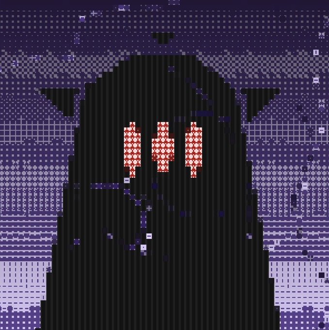 A pixel art illustration depicts a hooded figure in black with pointed ears, displaying three red lanterns shaped like the Greek letter "Pi" (π) on its chest, against a purple-toned grid background reminiscent of the Pi Network's visual style. The post's "gm gNFTs" greeting aligns with the image's crypto-themed aesthetic, celebrating Pi Network's NFT ecosystem.
