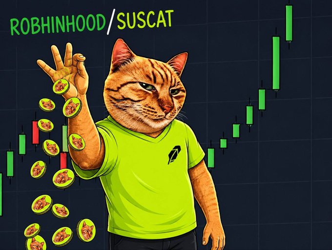 Digital illustration of a cat-headed character in a green shirt making an OK gesture, with coins raining down, set against a green candlestick chart background and the text "ROBHINHOOD/SUSCAT".