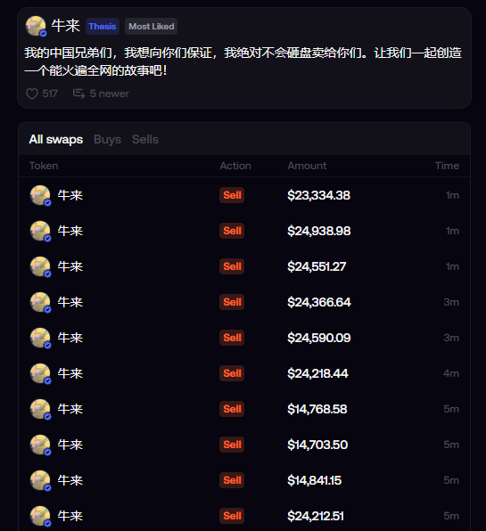 A screenshot from the Injective platform showing a post by '牛来' in the 'Thesis' tab, accompanied by a list of 'All swaps' where the token '牛来' is being repeatedly sold for amounts ranging from $14,000 to $25,000.