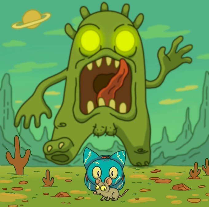 A cartoonish green monster with glowing yellow eyes roars on an alien planet with a ringed planet overhead, towering behind a small blue cat-like character holding a gray mouse in the foreground. The image visually echoes the post's playful "still early" crypto announcement for the @Felis_HQ project, using whimsical, meme-style artwork of cute characters facing a looming creature to match the casual, community-driven tone of the free mint call-to-action.