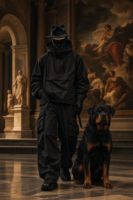A dramatic, dark digital artwork depicting a mysterious figure in all-black tactical clothing and a wide-brimmed hat with a face mask, standing beside a black and tan Rottweiler dog in a classical museum-like hall with Renaissance paintings and sculptures.