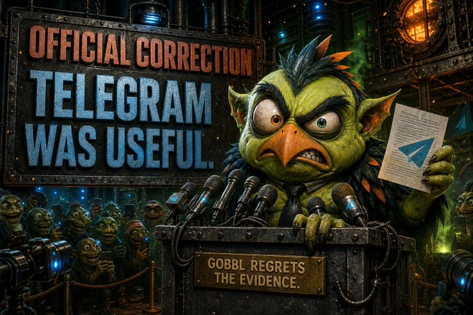 A fantasy-style goblin creature stands at a podium labeled "GOBBL REGRETS THE EVIDENCE" in front of microphones, with a large backdrop reading "OFFICIAL CORRECTION TELEGRAM WAS USEFUL."
