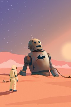 A 3D-rendered scene shows a small astronaut standing before a massive, rusty chained robot with a Batman logo on its chest, set against a pink desert landscape under a starry sky.