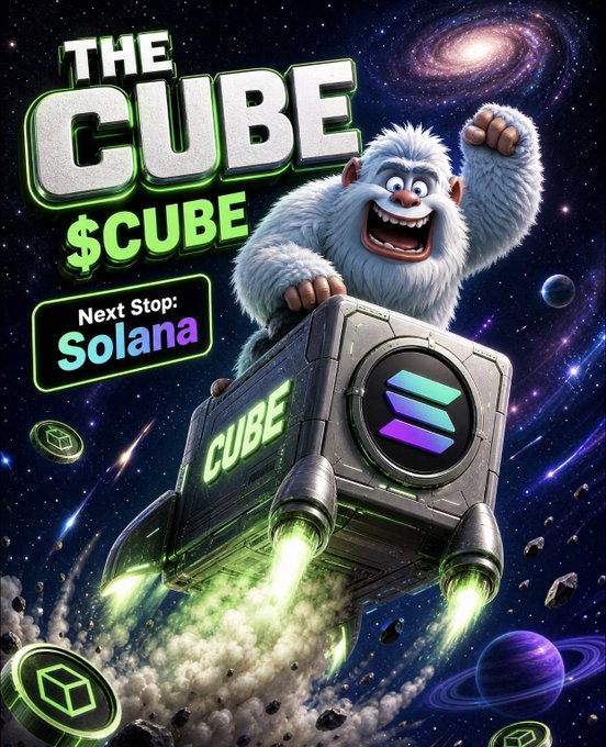 The image features a cartoon depiction of a white snowman with a blue scarf, holding a green rocket ship that has a purple and green logo on its side. The background shows a space scene with planets and stars. The caption below the image reads "The CUBE - Next stop @SOLANA Heating up ... orbit to muun is inevitable from here on".