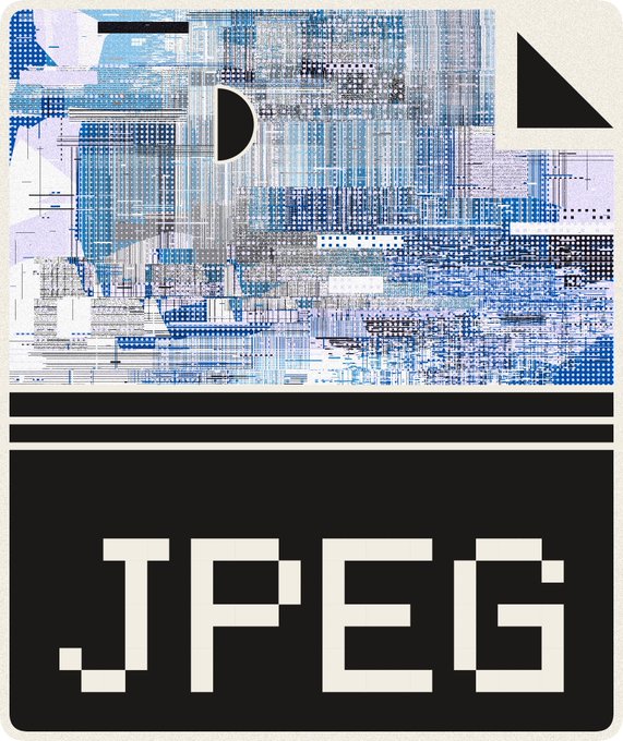 An album cover with a glitch-art blue and white abstract design above a black band displaying "JPEG" in pixelated white text.