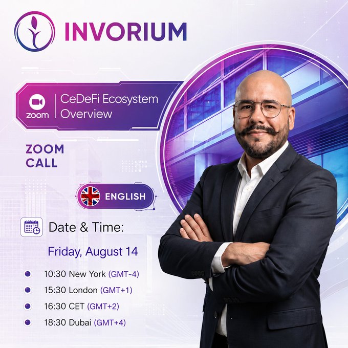 A promotional graphic for a CeDeFi Ecosystem Overview Zoom call hosted by INVORIUM, featuring a suited presenter and scheduled for Friday, August 14, with times listed for New York (10:30), London (15:30), CET (16:30), and Dubai (18:30) in English.