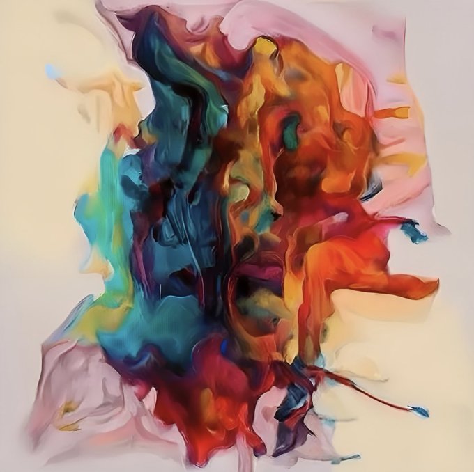 An abstract painting featuring vibrant, swirling colors including blue, red, orange, and pink.