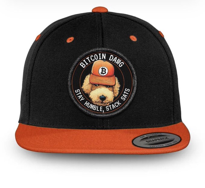 A black and orange snapback cap featuring a circular patch that reads 'BITCOIN DAWG - STAY HUMBLE, STACK SATS' with an illustration of a dog wearing an orange cap with a Bitcoin logo.
