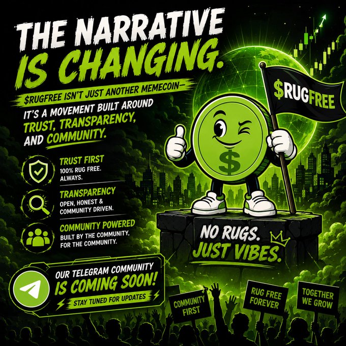 The image is a promotional graphic for "$Rugfree" featuring a winking green coin mascot holding a "$RUGFREE" flag atop a pedestal, with bold text declaring "THE NARRATIVE IS CHANGING" and highlighting the coin's pillars: "TRUST FIRST," "TRANSPARENCY," and "COMMUNITY POWERED." It reinforces the post's message by visually promoting the upcoming Telegram community launch with the slogan "NO RUGS. JUST VIBES," while a cheering crowd holds signs reading "COMMUNITY FIRST," "RUG FREE FOREVER," and "TOGETHER WE GROW."