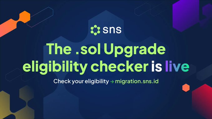 A promotional graphic for SNS announcing 'The .sol Upgrade eligibility checker is live' directing users to migration.sns.id, featuring the SNS logo and hexagonal design elements.