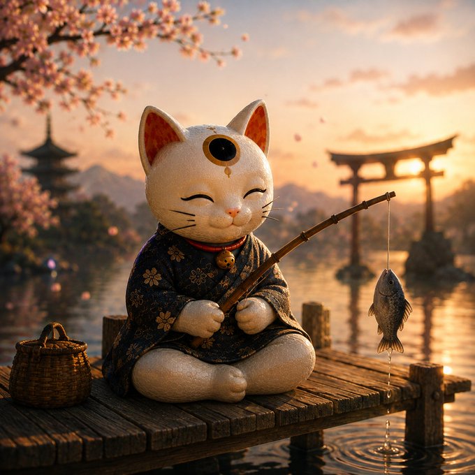 A 3D-rendered Maneki-neko (Japanese lucky cat) with a third eye sits on a wooden dock wearing a dark kimono, holding a fishing rod with a small fish dangling from the line, set against a scenic sunset backdrop featuring cherry blossoms, a pagoda, and a torii gate.