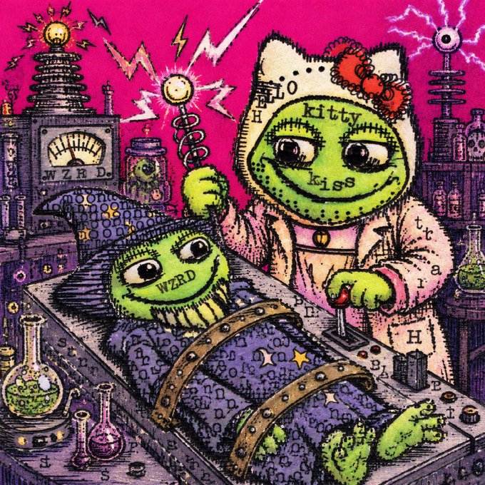 A vivid, cartoon-style illustration depicts a chaotic mad-scientist laboratory scene featuring Hello Kitty and Hello Wzrd reimagined as stitched, stitched-together plush-like figures; Hello Kitty wears her signature bow and a lab coat labeled "hello kitty kiss," with "ttraH" visible on her sleeve, while Hello Wzrd, wearing a star-patterned wizard hat with "WERD" across it, lies strapped to a metal table amid bubbling flasks, coiled wires, and an old-fashioned dial meter marked "JNZHD." The post's mention of "sol, zec and sol memes" and "robinhood" aligns with the image's meme-cryptocurrency aesthetic, where the "SOL" ticker is hidden throughout the artwork as hidden text in the background pattern, and "ZEC" likely references the "zap"-like energy bolts and the overall chaotic energy of the scene, while the lab equipment bearing "JNZHD" nods to the classic "lightning bolt