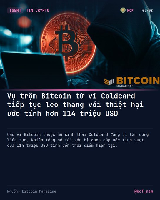 A Vietnamese-language Bitcoin Magazine news card showing a hooded figure with a Bitcoin graphic, reporting that Bitcoin theft from Coldcard wallets continues to rise with estimated losses exceeding $114 million USD.