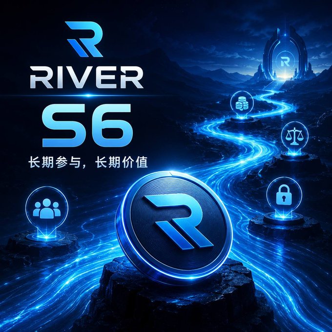 The image is a promotional graphic for "RIVER S6" featuring a glowing blue coin with the "R" logo on a rock, set against a mystical river landscape leading to a futuristic portal, with floating icons representing community, coins, scales (justice/governance), and security (lock). Chinese text reads "长期参与，长期价值" (Long-term participation, long-term value).

The image visually reinforces the post's message by depicting a flowing river—symbolizing the sustained, ongoing value creation of River's S6 season, in contrast to the typical "farm-and-dump" airdrop cycle, with each icon representing the diverse, long-term contribution channels (community engagement, governance, security, and rewards) that define the new model.