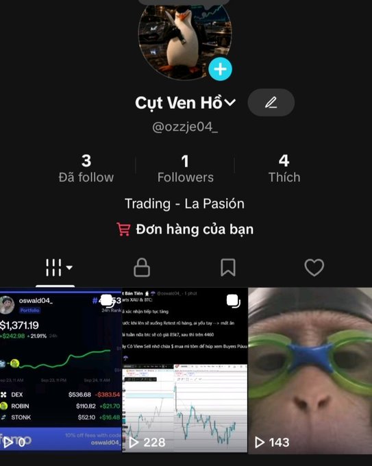A TikTok profile for 'Cựt Ven Hồ' (@ozzie04_) with 3 following, 1 follower, and 4 likes, displaying trading-related videos including a portfolio showing a $1,371.19 position with a -21.99% loss.
