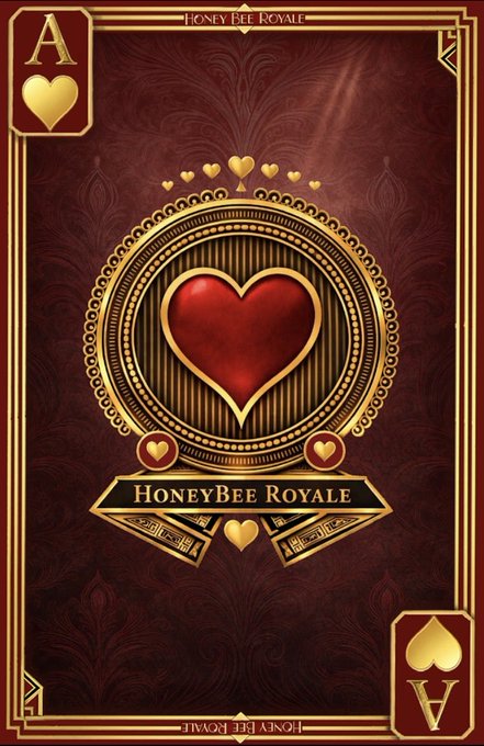 A decorative playing card design featuring the Ace of Hearts with 'HONEYBEE ROYALE' text displayed at the top and bottom, set against a dark red background with gold ornamental details.