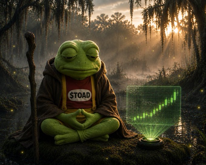 A green toad sits in a meditative lotus pose in a misty swamp, wearing a shirt labeled "TOAD" beside a glowing holographic chart showing a sharp upward trend, visually reinforcing the post's prophetic message that $TOAD will surge while others are sidelined. The serene, zen-like pose paired with the rising green candles projects a confident, foresightful tone matching the caption's cryptic vision of a bullish future.