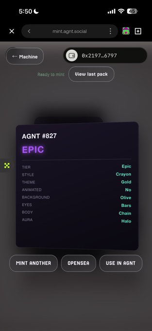 The image shows a mobile screen displaying an "AGNT #827" with the "EPIC" tier highlighted in purple, along with attributes like Gold theme, Olive background, and Chain body. The post's excitement about a long-awaited mint aligns with the "Ready to mint!" status and the celebratory "EPIC" tier reveal after years of anticipation.